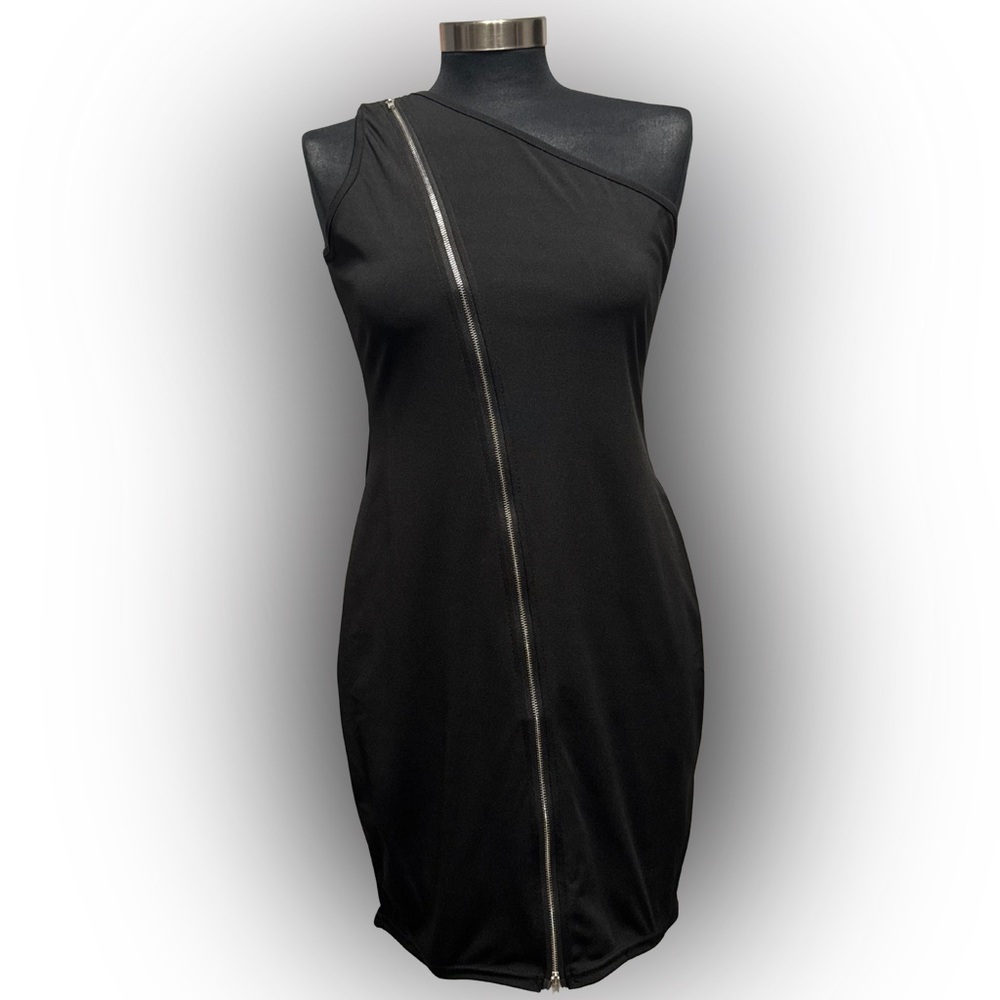🖤 NWOT Black One-Shoulder Zipper Bodycon Dress – Size Large